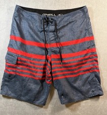 O Neill Men s Board Shorts Blue Red Striped Cargo Pocket Swim Trunks Size 34