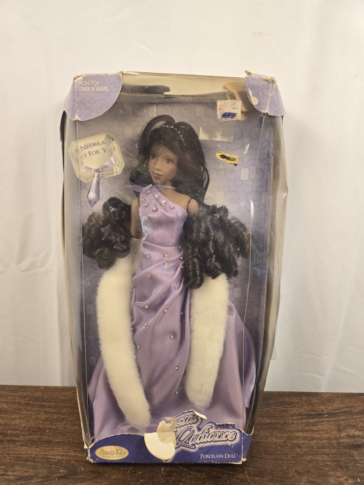NIB VTG Crystal Radiance Brass Key Keepsakes Porcelain Doll Purple Hand Crafted