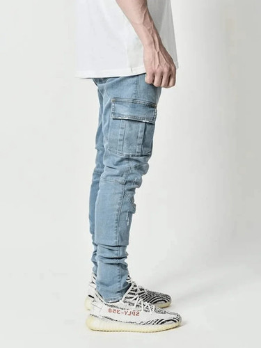 Jeans uomo nuovo pantalone lavaggio tinta unita multitasche denim vita media cargo. - Foto 19 di 24