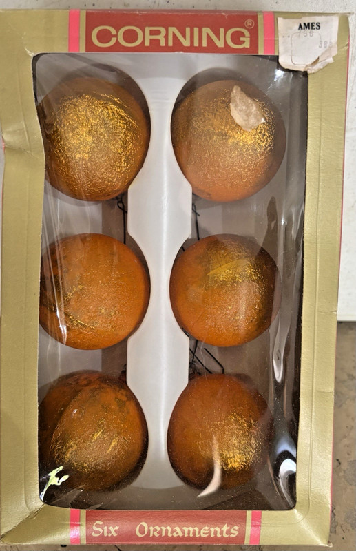 6 Vintage Orange CORNING Glass Christmas Ornaments Set of 6 in Box - USA