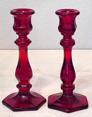 Mosser Glass Ruby Red Candle Holders 7 1/4'' READ Small Imperfection in 1 holder