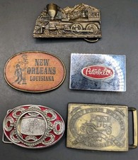 Vintage Lot of 5 Assorted Belt Buckles Brass Metal Leather Train Truck Car NOLA
