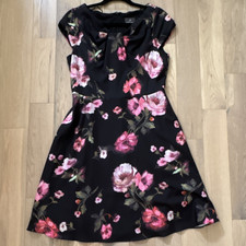 Adrianna Papell Women's A-Line Dress Black Pink Floral Cap Sleeve Knee Size 10