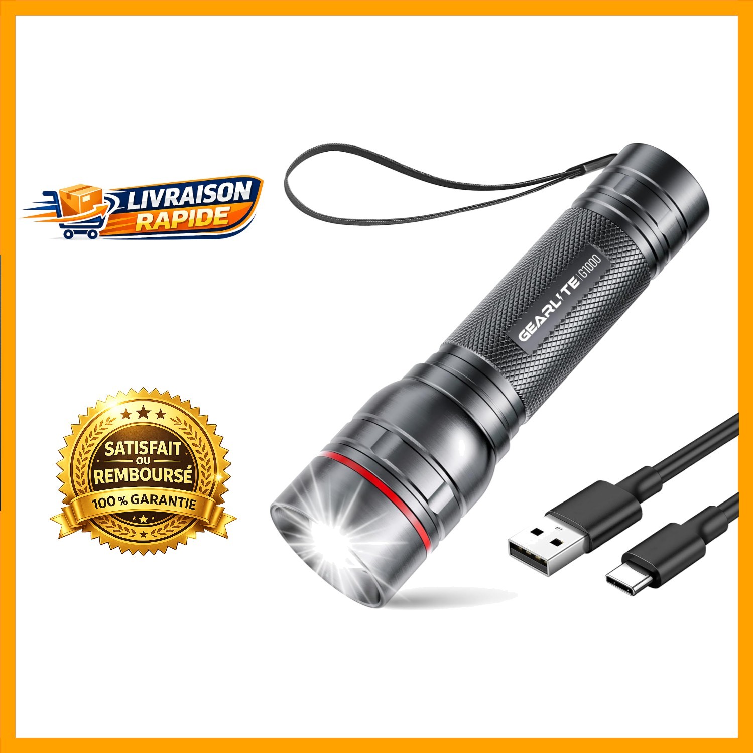 Lampe torche LED rechargeable 2000 lumens GEARLITE en aluminium noir