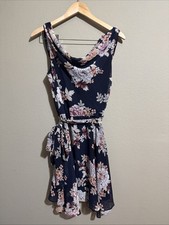 Women’s Navy Floral Sleeveless Dress Cowl Neck Tie Waist Flowy - Medium