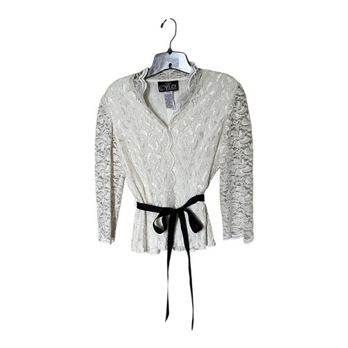 Alex Evenings Ivory Scalloped Lace Blouse with Tie Belt and 3/4 Sleeve Size Med