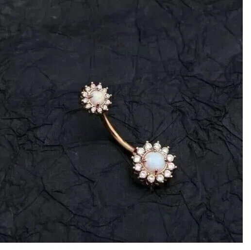 Anillo ombligo ópalo blanco de corte redondo de 1,00 quilates enchapado en oro amarillo de 14 quilates Foto 4 de 4