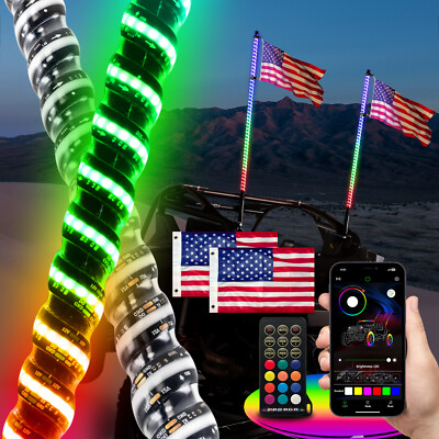 WEISEN 2PCS 4FT RGB LED COB Antenna Spiral Whip Light 300+ Colors For UTV RZR