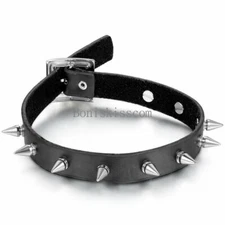 Punk Fashion Handmade Black Leather Spike Rivet Choker Collar Necklace w Buckle