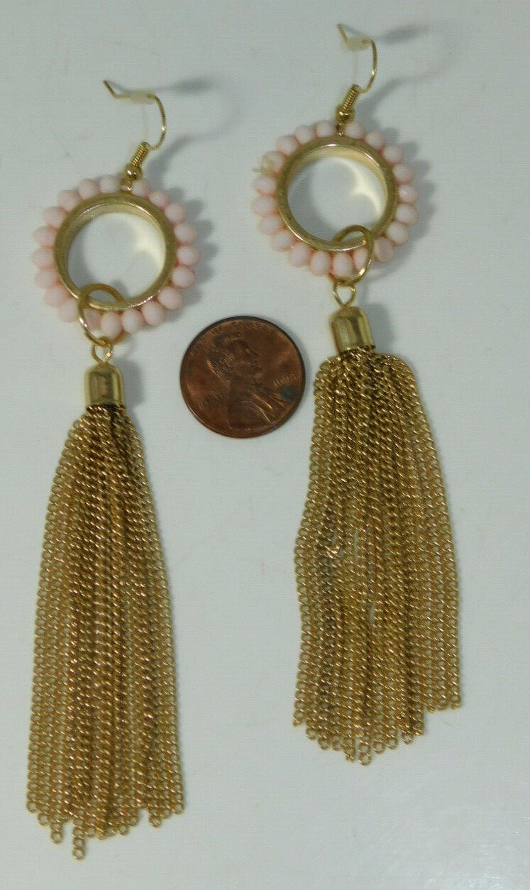 Pendientes Largos Extra Cadena Borla Rosa Palo Con Cuentas Baño Dorado