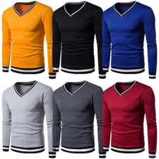 ⭐⭐⭐Men's Color Block V neck Long Sleeve T Shirt Casual Pullover Shirts Tee Tops