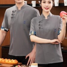 Herren Damen Leinen Mischung Kurz&auml;rmelig Chef Jacke Kochen Uniform Top Japanese