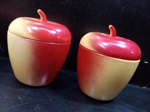 Vintage Hazel Atlas Apple Shaped Jar Red Yellow Milk Glass Lid Sugar Bowl Set 6 - Picture 11 of 12