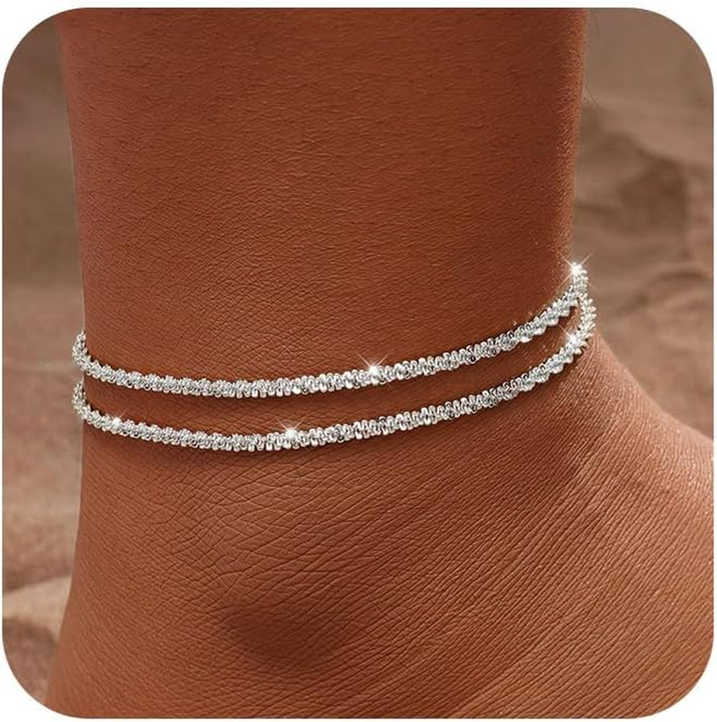 14K Gold & Silver Waterproof Ankle Bracelets for Women Sparkling Anklets  