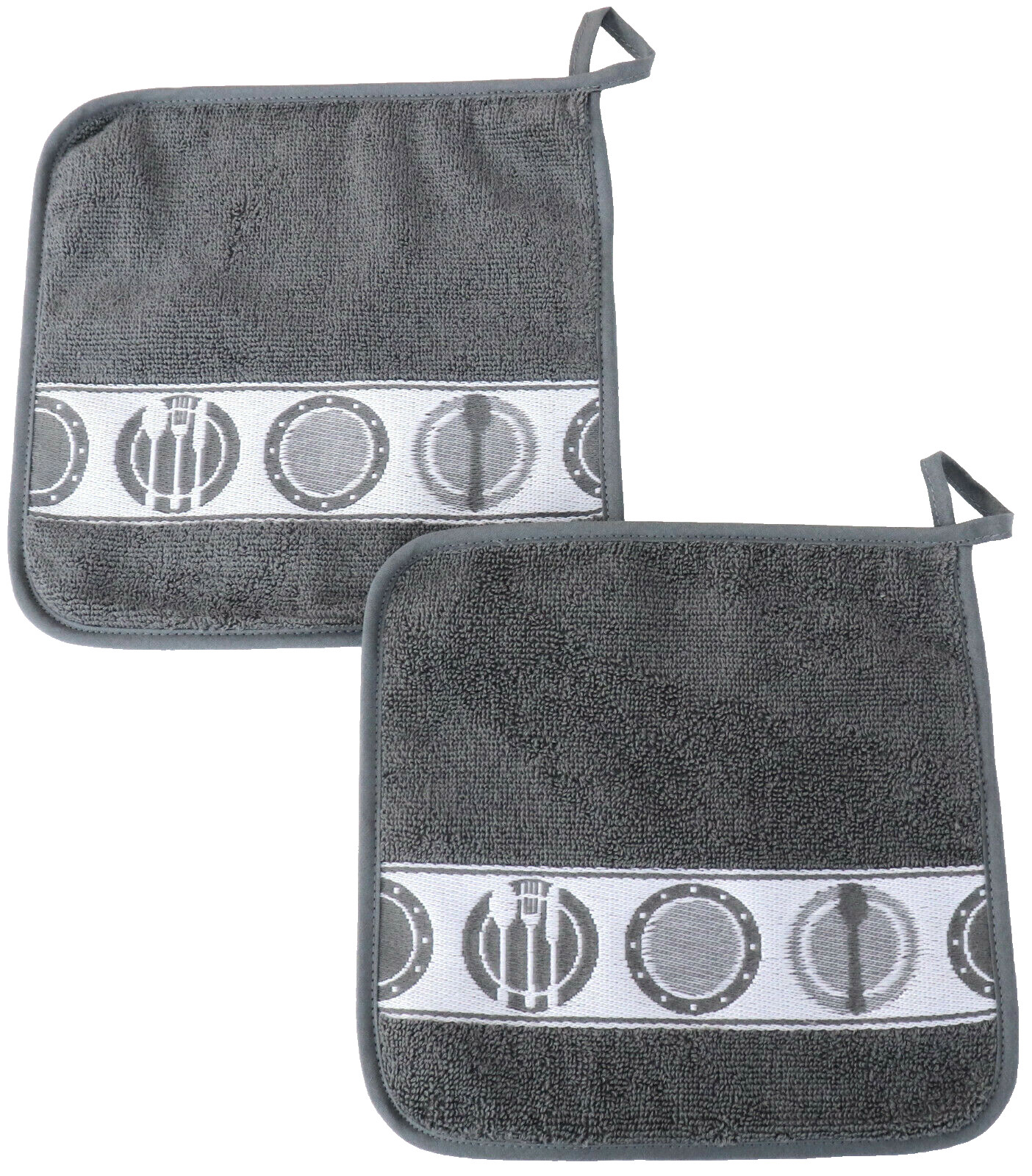 2x Topflappen Besteck Frottee Kracht Küche Messer Gabel Teller Geschirr Grau