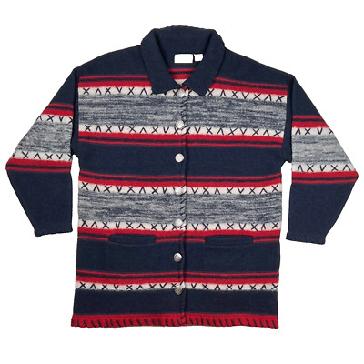 Christopher Banks Sz L Womens Red White Blue Wool Norwegian Cardigan Woven Isle