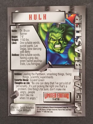 1995 MARVEL FLEER METAL BLASTER LIMITED EDITION CARD HULK #5 OF 18