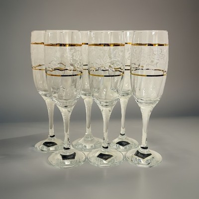 Circleware Duchess  8.25  Floral Champagne Flute Stemware Gold Trim Set Of 6