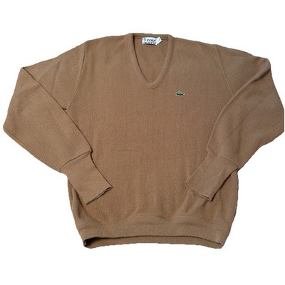 Vintage Izod Lacoste Mens V-Neck Sweater Large Camel Brown Preppy