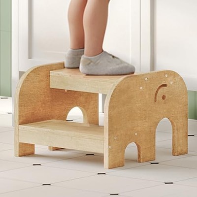 Kids Step Stool, Elephant-Shaped Wooden 2-Tier Step Stool for Kids
