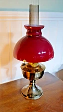 Vintage  Brass Aladdin  Oil Lamp With Chimney & Original  red Glass Shade