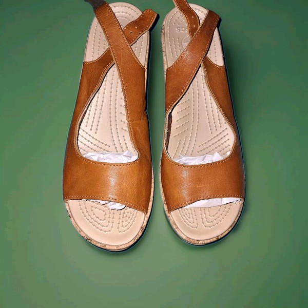 Crocs A Leigh Cork Wedge Sling Back Peep-Toe Brown Leather Sandals, Women's 