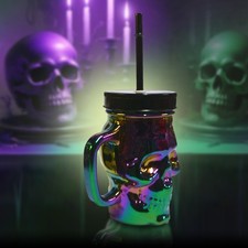 3D Totenkopf Glas Trinkglas Trinkbecher mit Deckel und Strohhalm 320ml metallic