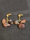 Vtg Miriam Haskell Gold Tone Brown Stone Dangle Drop Earrings Pierced