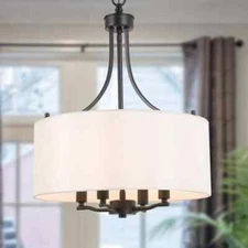 LNC 4-Light Black Drum Chandelier, Candlestick Design, Fabric Shade, Modern