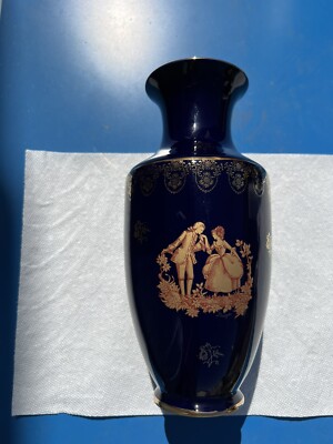 Limoges Porcelain Vase 24k Cobalt Blue HandMade France 11.5” Tall