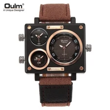 Oulm Men's Military Quartz Watch Three Time Zone Square Big Dial Canvas Strap 