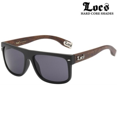 Locs Sunglasses -Men's Flat Top Frame Faux Woodgrain Arms - Matte