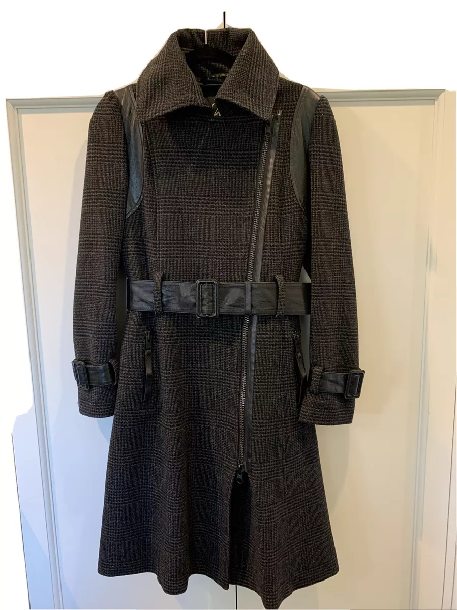 Mackage Nori Grey Plaid Wool Black Genuine Leather Trim Belt Long Warm Coat