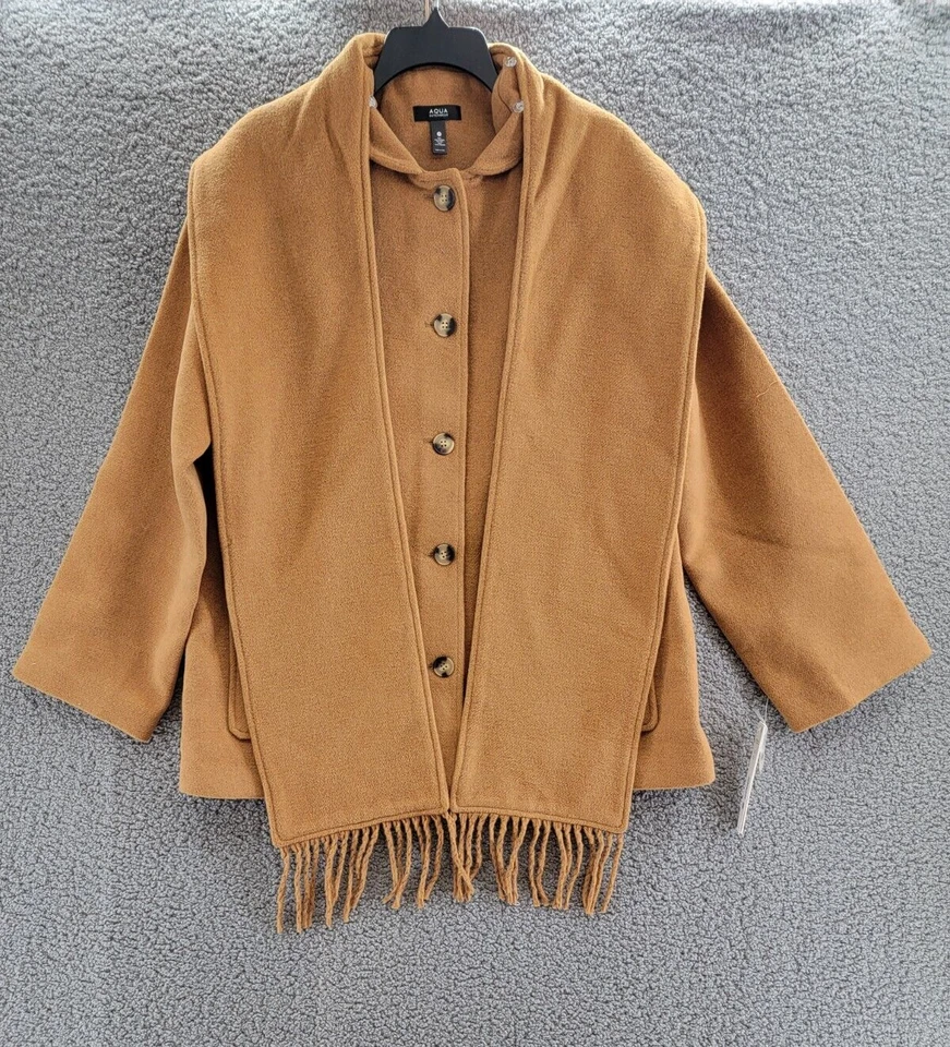 AQUA Scarf Collar Coat Women's M Camel Wool Blend Full Front Button Closure L/S - Image 2 of 4