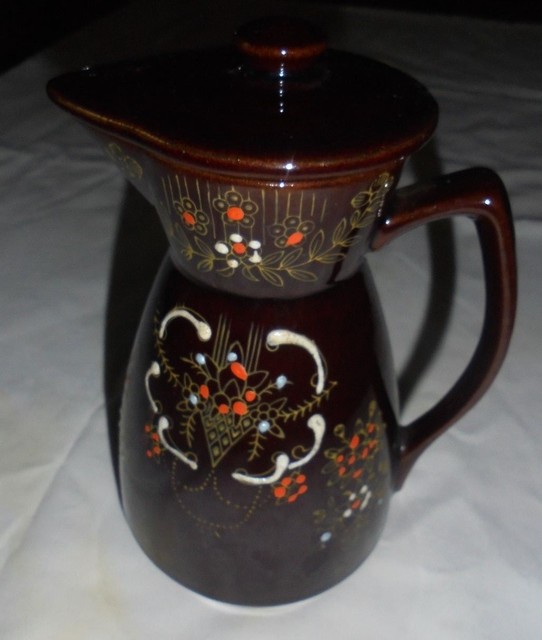 Brown Japanese teapot, creamer pitcher w/flower decoration, 71/4