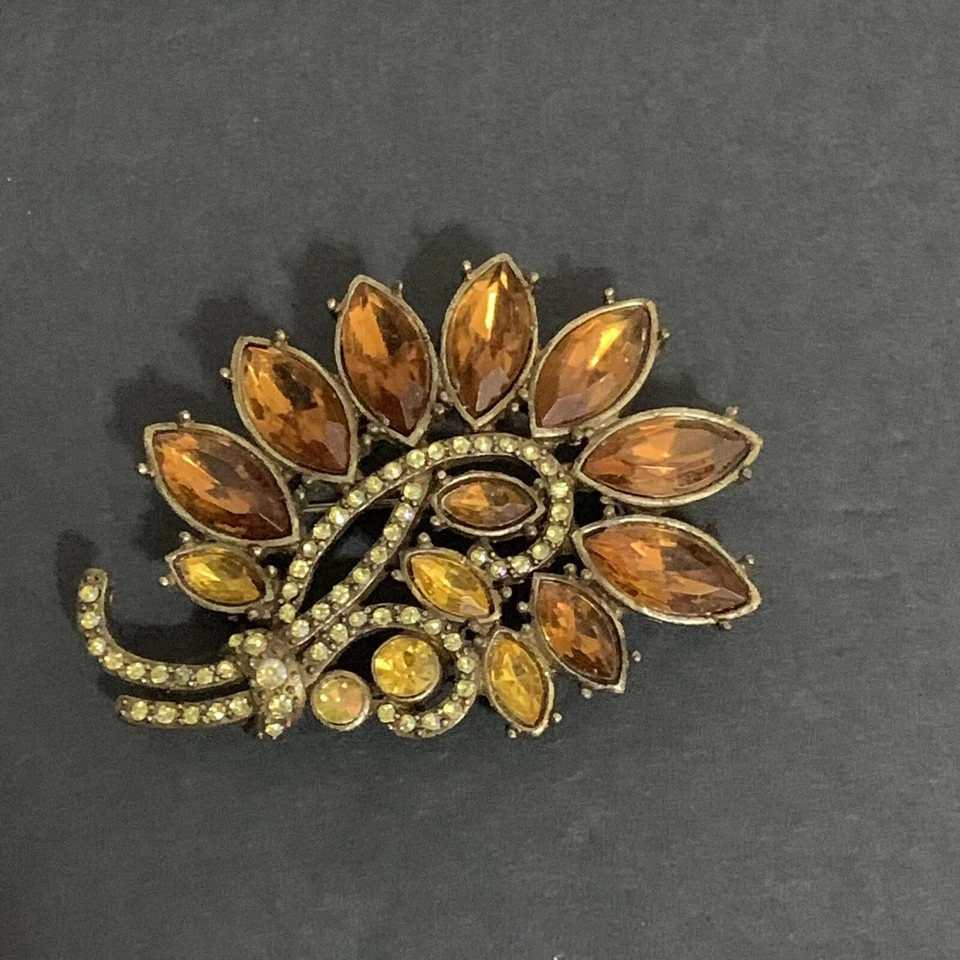 H. D. Merritt Co. Broche vintage assinado laranja e marrom com strass - Imagem 4 de 4