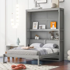 Full Size Murphy Bed Wall Bed Cabinet with Storage Shelves Slatted Bedroom Gray