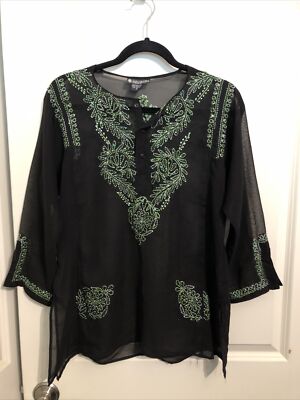 Infashions Solid Black Sheer Blouse With Green Embroidered Detail Size S