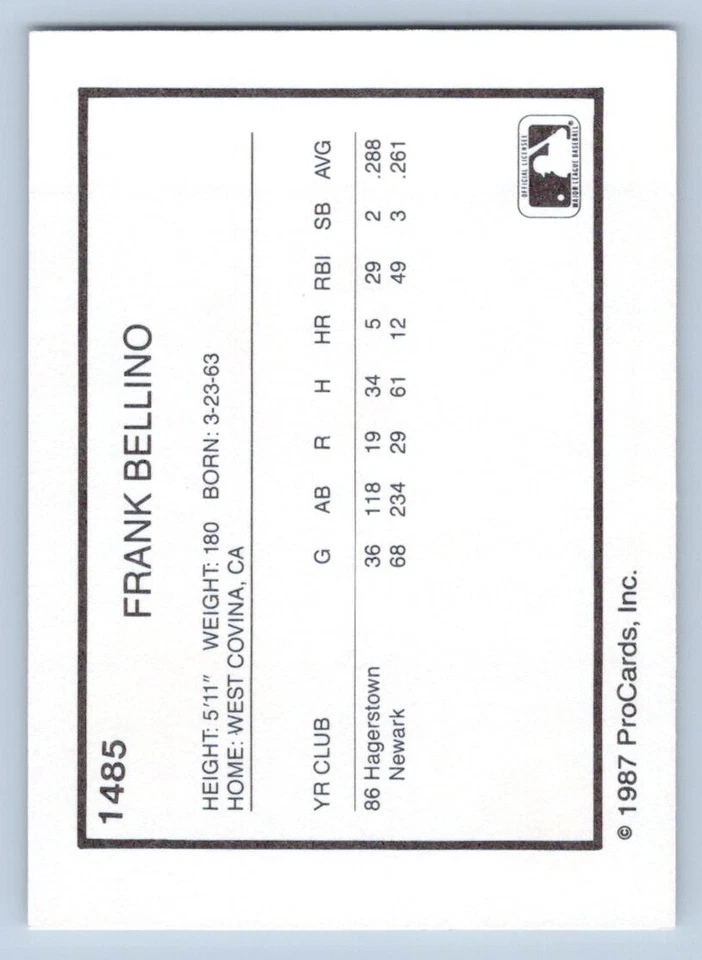 Frank Bellino 1987 ProCards Hagerstown Suns #1485 - Image 2 of 2