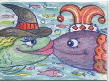 Aceo Bruja Bufón Pez Acuarela Surrealismo 2010 Susan Alama Pintura Original