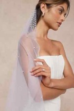 White Pearl Tulle Floor-Length Wedding Veil