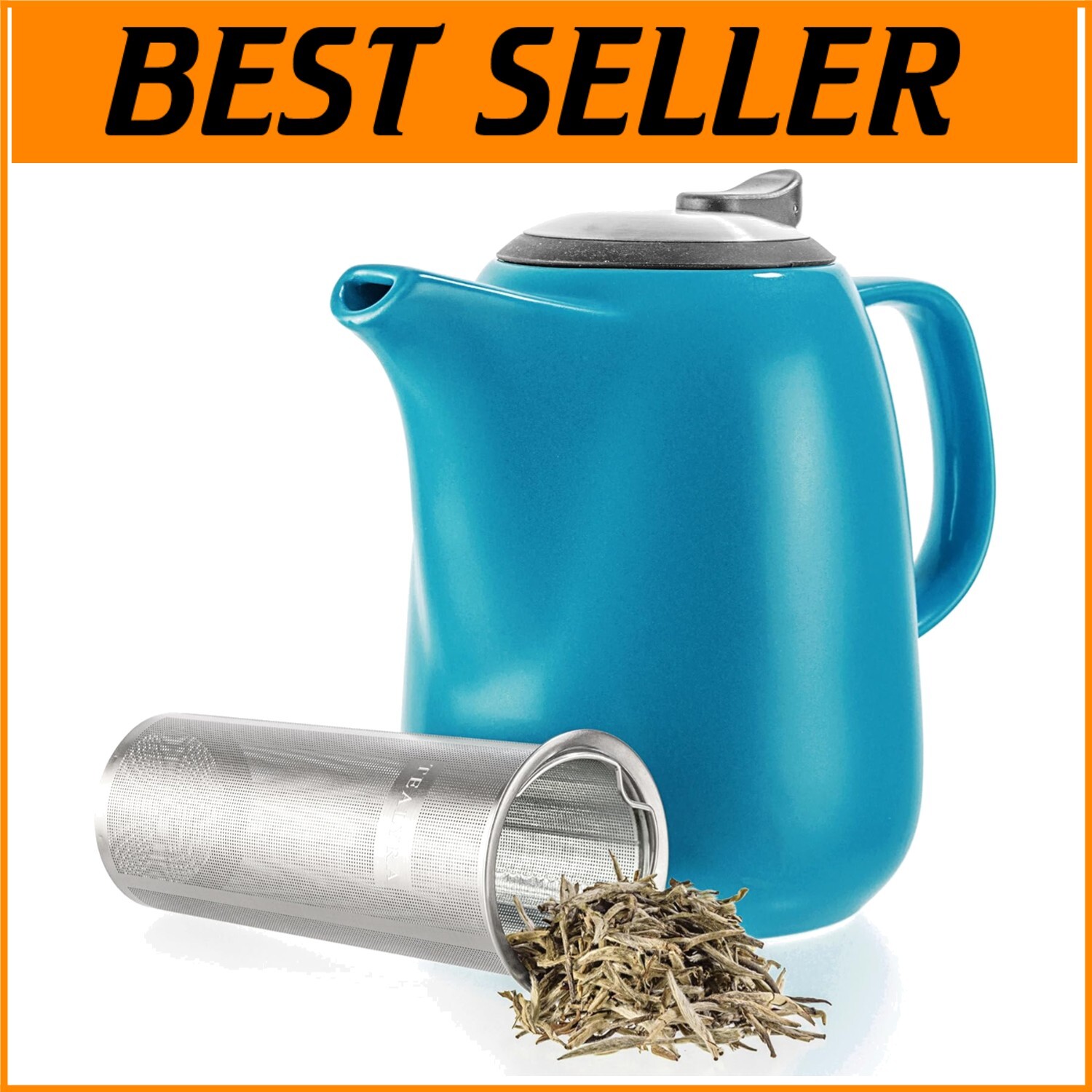 Premium 47-Oz Blue Ceramic Teapot with Mesh Infuser - Ideal Gift Choice