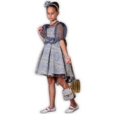 Blue  White Floral Party Dress with Puff Sleeves for Girls 5-6 Years 