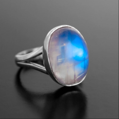 Blue Fire Natural Moonstone Ring 925 Sterling Silver Handmade Statement Jewelry