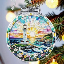 Crystal Lighthouse Glass Ornament with Gift Box Hanging Christmas Tree Keepsake 