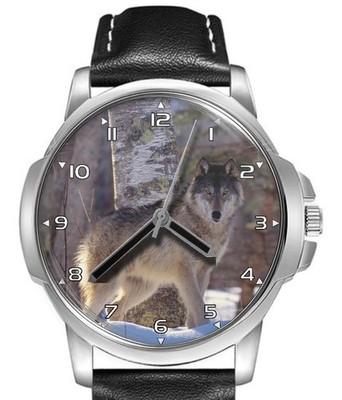Grau Wolf Jagd Beute Lederband großes Zifferblatt Geschenk Armbanduhr