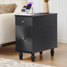 Narrow End Table with Charging Station,Accent Wooden Bedside Side Table Black