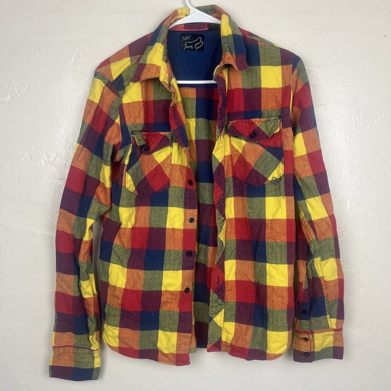 Fox Racing Mens Small Flannel Shirt Yellow Red Blue Buffalo Plaid Button Up Y2K