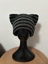 Black Grey Cat Ear Beanie Hat Handmade Unisex Crochet goth edgy everyday gift