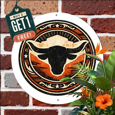 Longhorn Icon Rustic Charm Western Style Round Aluminum Sign